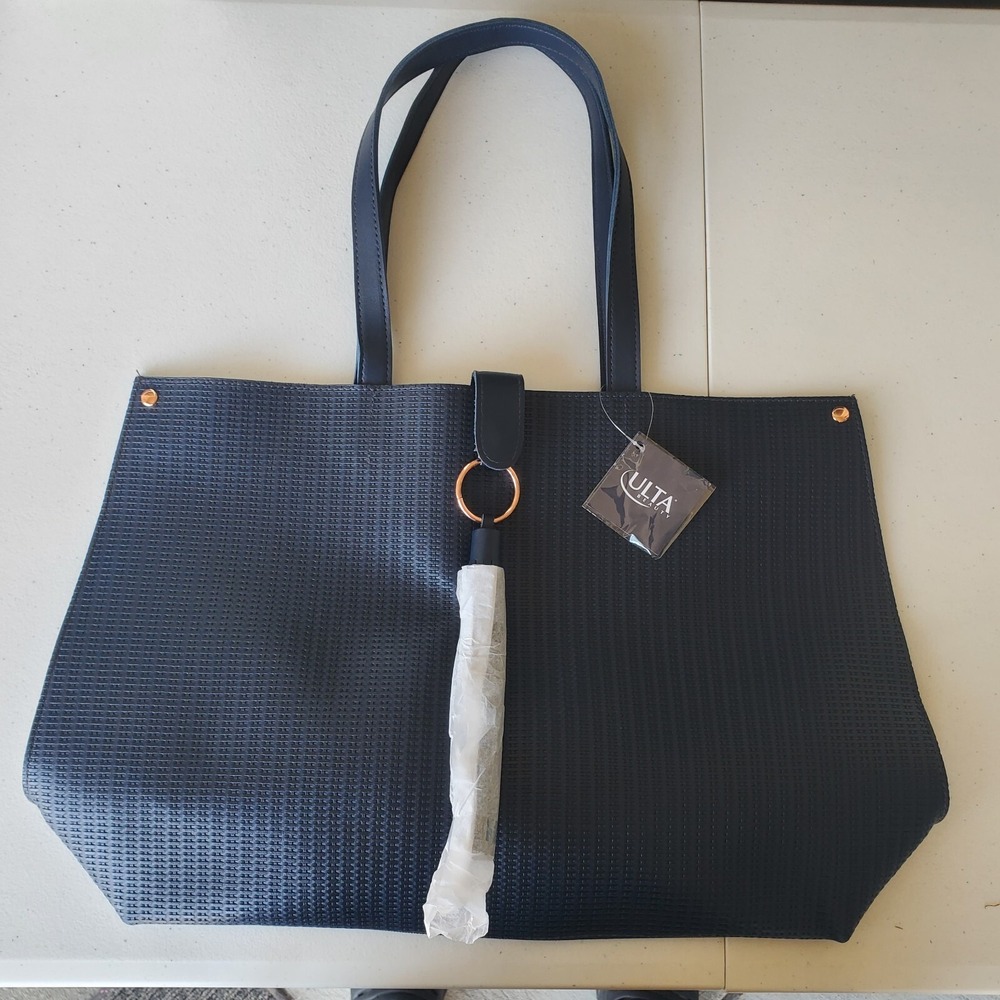 ULTA Beauty Large Tote Bag Navy Rose‎ Gold Accent Tassel Snap Closure NWT